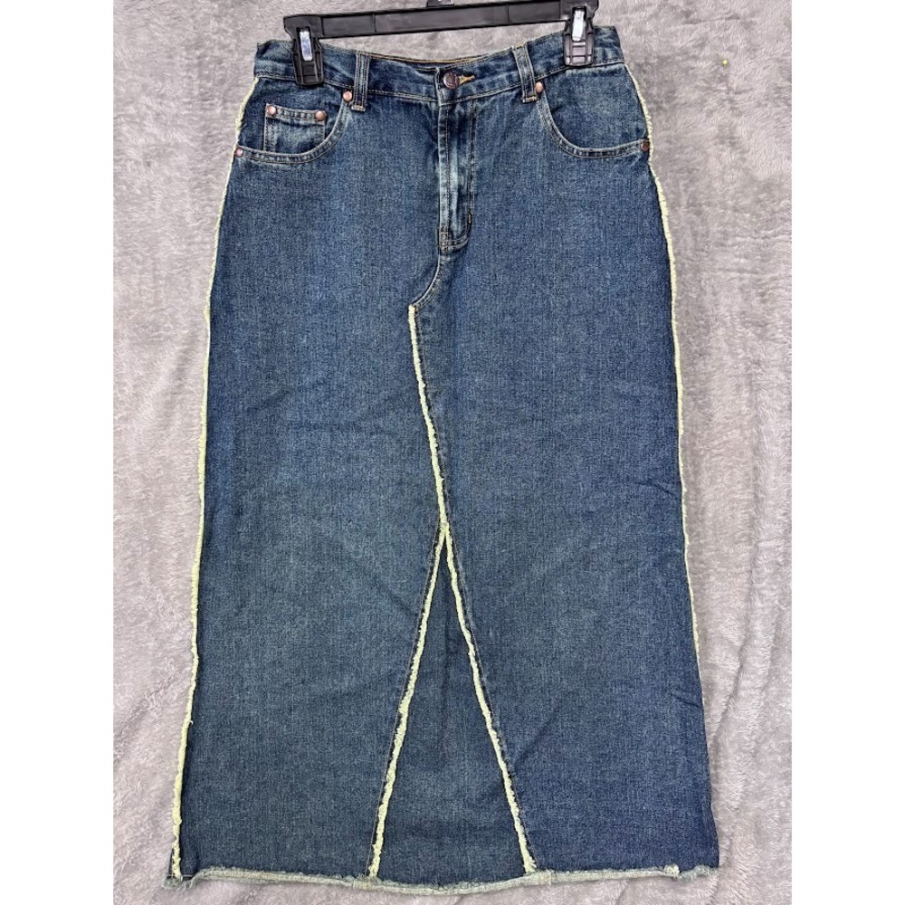 Y2K Vintage‎ DARE Denim Skirt Long Straight Frayed Back Slit Size 12 Blue Modest
